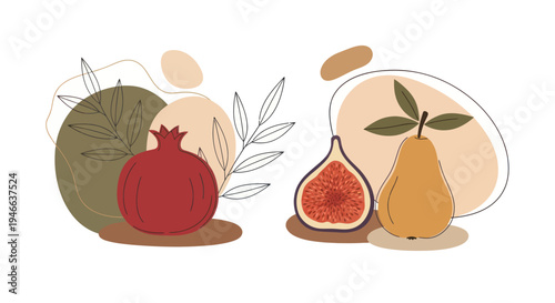Pomegranate Fig Pear Fruit Illustration Set.