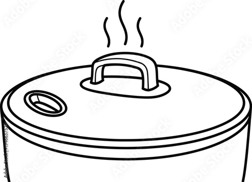 Simple line drawing of a steaming pot with a lid and handle on top clearly shown