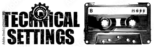 Retro tech branding featuring bold distressed text with gear, paired with classic cassette, vector design, digital nostalgia, technical theme.