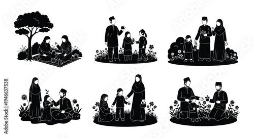 Black and white illustration of a muslim family enjoying outdoor activities