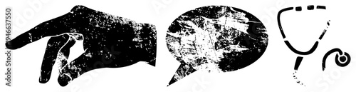 Hand gesturing direction, dialogue bubble with distressed texture, stethoscope symbol, medical communication, graphic design elements, vector.