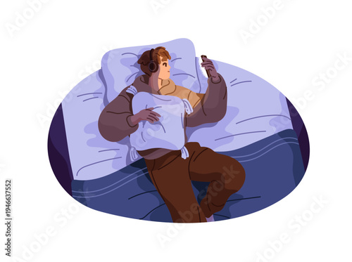 Lonely boy lying in bed listens to music in headphones at night. Teen with smartphone at late time. Man scrolls social networks on phone instead of sleeping. Flat isolated vector illustration on white