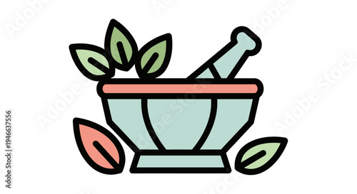 Mortar and Pestle with Herbs Illustration.