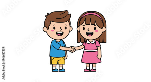 Cartoon Boy and Girl Holding Hands.