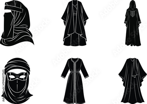 Black islamic clothing collection silhouette set with black and white