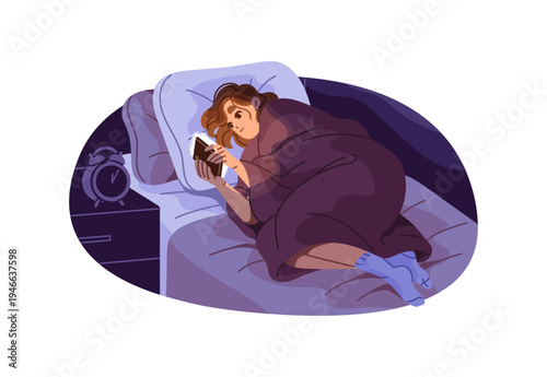 Lonely teen girl with insomnia scrolls social networks on phone at bed time. Sad young woman lying under blanket is texting on smartphone. Flat isolated vector illustration on white background