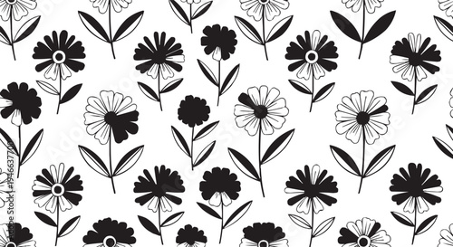 Some flowers are filled with black while others are outlined and have an alternating repetition. The balanced space adds