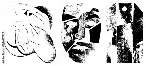 Stylized fragmented faces rendered in halftone dot, abstract expressionist art, graphic design elements, isolated vector illustrations.