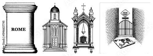 Classical architecture elements including Roman column, church, tomb, and alleyway with "Dead End" sign, rendered in detailed art.