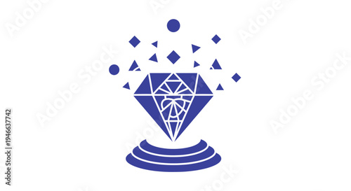 Symmetrical blue diamond gemstone icon positioned on circular base with floating geometric fragments above illustrating value creation and digital asset building.