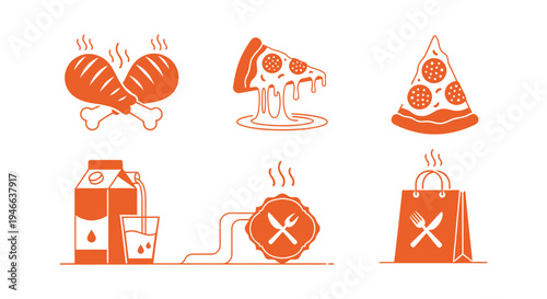Classic food icons featuring pepperoni pizza slices and fried chicken legs with milk pouring into a glass and a delivery bag.