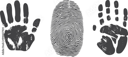 Three dark grey handprints and fingerprint on white background