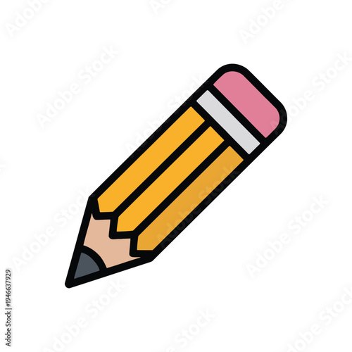 Yellow wooden pencil icon with pink eraser for writing drawing and school supply