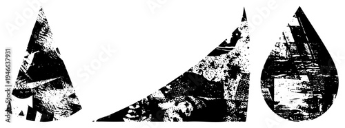 Three stylized forms, triangle, teardrop with distressed halftone textures, vector art, graphic design elements, isolated foreground.
