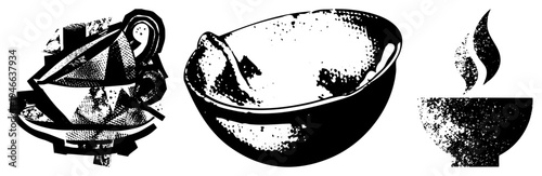 Retro styled halftone coffee cup with saucer, ceramic bowl, and rising classic graphic design elements for café or beverage branding.