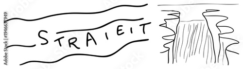 Stylized handwritten word "STRAIGHT" on flowing banner, canyon landscape with layered cliffs, minimalist black art, conceptual design element.