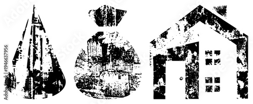 Distressed vector featuring,, and house with gritty texture, ideal for retro or industrial design. Grunge style, isolated shapes, halftone effect, vector art.