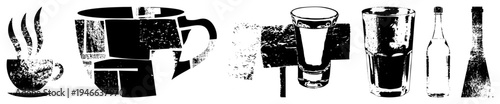 Stylized black and white beverage containers with textured grunge effect, including cup, teapot, cocktail glass, tumbler, wine bottle and liquor bottle, minimalist graphic design.