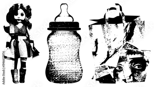 Retro halftone print of a doll, baby bottle, and fragmented face collage, vector art, stylized textures, graphic design elements.