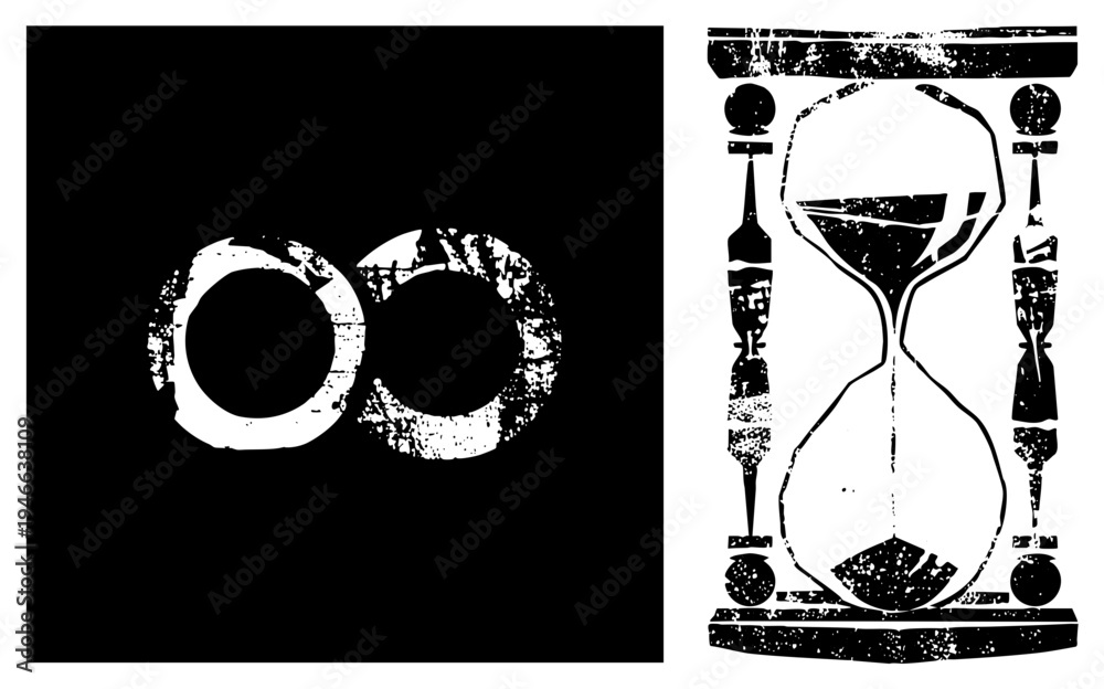 Fototapeta premium Distressed halftone infinity loop and ornate hourglass, vector graphics, retro texture, symbolic time and eternity motifs.