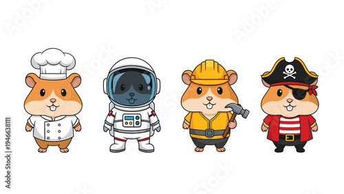 Cute Cartoon Hamsters in Diverse Profession Costumes: Chef, Astronaut, Construction Worker, and Pirate Characters