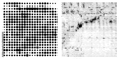 Black and white halftone grid, dot matrix design, print art effect, raster simulation, typographic texture, graphic design element, visual noise.