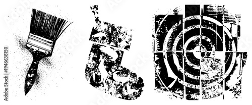 Hand drawn stencil art paintbrush,, target. Grunge, high contrast B&W, distressed edges, speckled noise. Perfect for creative design.