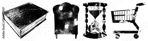 Antique book with textured cover, plush armchair with rounded back, ornate hourglass with sand flow, metal shopping cart, halftone style.