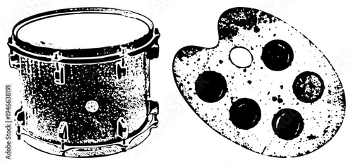 Black and white halftone vector of snare drum with lugs and paint palette with wells, artist tools, music and creativity symbols, textured graphic style.