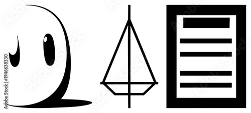 Simple black vector cheerful face, sailboat silhouette, document with, flat design, UI elements, digital interface, graphic symbols.