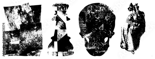 Fragmented halftone composing stylized letters and skull, graphic art, design, collage style, vector silhouette.