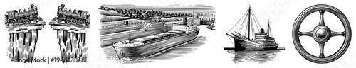 Classic trains on cliffs, cargo ship in canal, vintage sailing vessel, ship’s wheel historic maritime and rail transport illustrations.