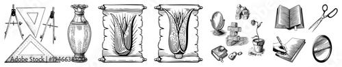 Classic drafting instruments, ornate vase, ancient scrolls, mirror, blocks, notebook, scissors, compass timeless creative artifacts.