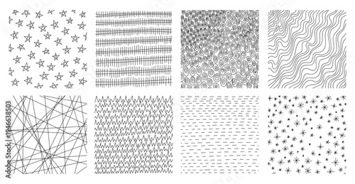 Crosshatch textures featuring hand-drawn line work and doodle pattern vector illustration set. Pencil sketch hatching with geometric grunge strokes, dots, and vintage scribble elements for background.