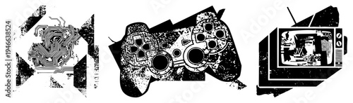 Retro gamepad & CRT TV, circuit board, distressed black/white vector art. Synonyms console controller, glitch art, retro tech, pixel nostalgia, analog gaming, vintage electronics.