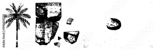 Stylized palm tree with fronds, fragmented geometric stones, halftone texture, vector graphic, isolated elements, tropical motif, graphic design asset.