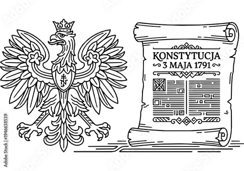 Poland Constitution Day Monoline Background with White Eagle and Scroll