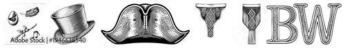 Classic decorative motifs including feather, musical notes, top hat, mustache, and lettering, rendered in detailed art, ideal for branding or use.