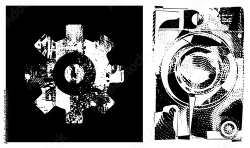 Industrial gear and rotary component illustrations, mechanical, stylized machinery, halftone textures, vector art, technical diagram elements.