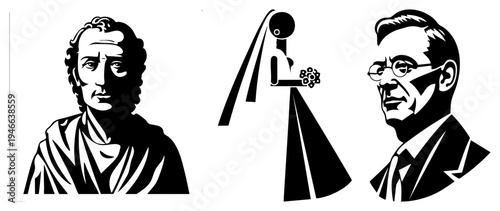 Graphic portraits of historical figures and a bride in minimalist black and white, bold, flat design, isolated cutout style.