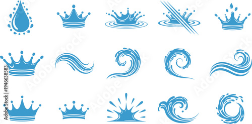 Blue water splash and wave icon set, liquid drop crown splash symbols collection, aqua vector design elements isolated background