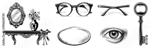 Antique decorative mirror, classic eyeglasses, antique key, detailed human eye, vintage console table, vase, engraved silhouette, halftone shading, isolated objects.