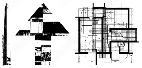 Fragmented architectural structures, modernist building silhouettes, schematic design elements, black ink vector art, urban planning motifs.