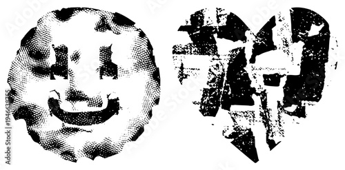 Stylized smiling emoji and fractured heart rendered in halftone, graphic design elements,, distressed texture, emotional symbols.