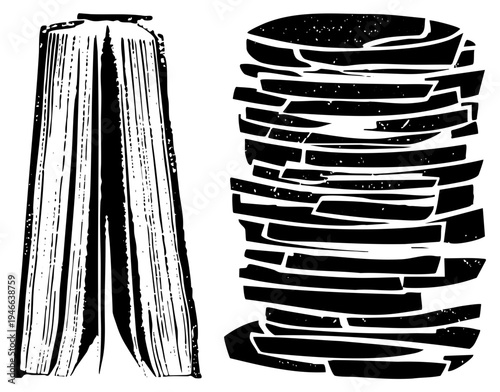 Open book with visible page edges, fragmented stacked pages, graphic illustration, design, literary, text, educational symbol.