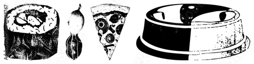Sushi roll, peanut, pizza slice, and cake in vector style, halftone texture, food, isolated food graphics, flat design elements.