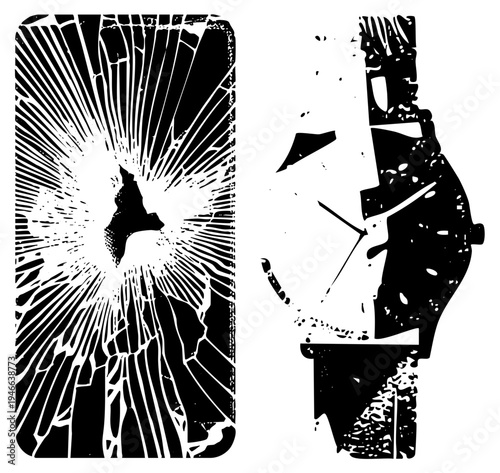 Cracked phone screen with radial fractures, shattered watch face, distressed vector art, digital device damage, tech, glitch aesthetic.