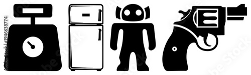 Weight scale, refrigerator, robot figure, revolver gun simple bold, flat vector graphics, isolated symbols for UI or signage.