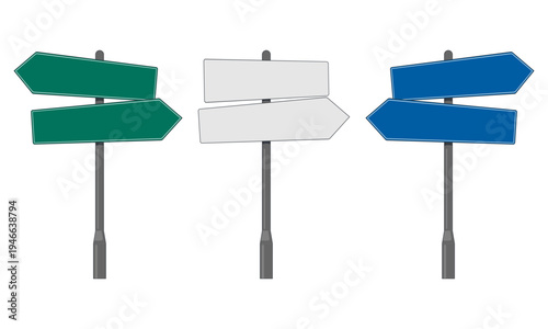 Blank directional road signs on metal poles. Vector signage for themes involving navigation, decision-making, travel, and street signage
