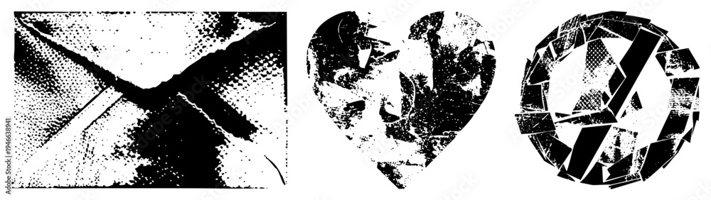 Naklejka premium Black and white vector art featuring abstract forms, halftone dot textures, fragmented geometry, stylized shapes, graphic design elements.